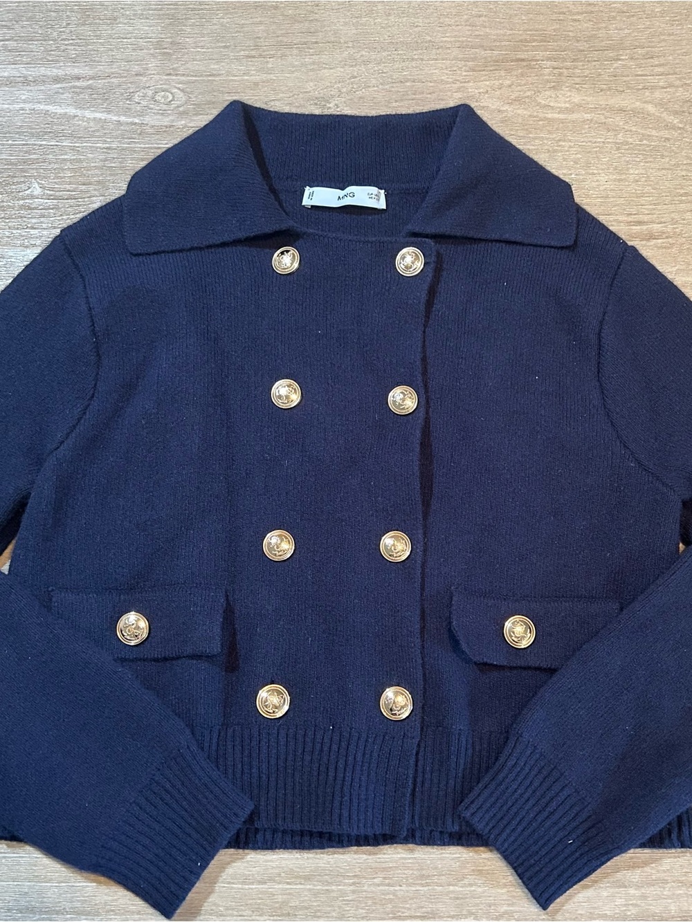 Mango MNG Navy Wool Blend Double Breasted Cardigan Jacket Gold Buttons Small